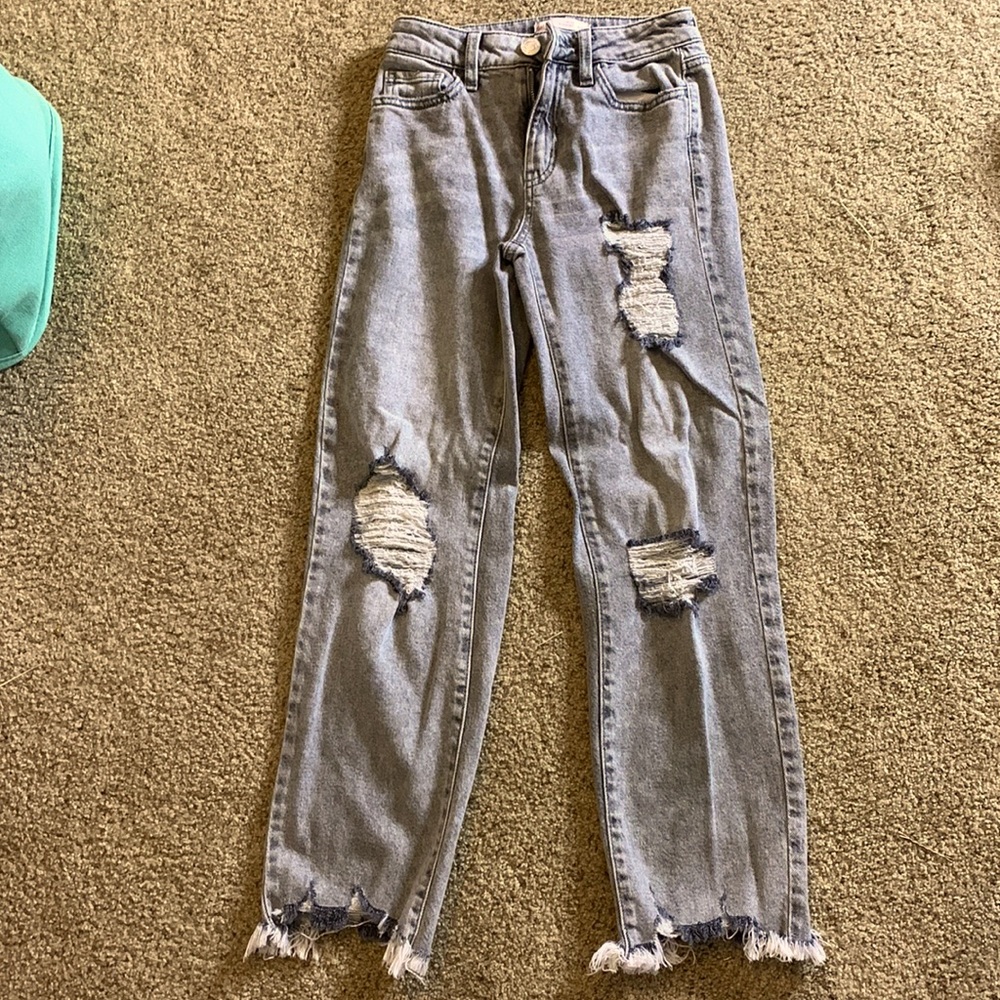 Grey distressed bootcut jeans